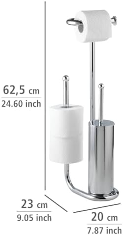 WENKO Free Standing Toilet Brush with Chrome Holder and Spare Roll Space