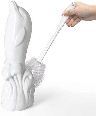 Dolphin Ceramic Toilet Brush Holder with Plastic Brush Set - White