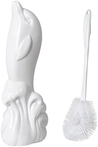 Dolphin Ceramic Toilet Brush Holder with Plastic Brush Set - White