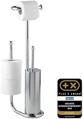 WENKO Free Standing Toilet Brush with Chrome Holder and Spare Roll Space