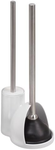 iDesign Plastic Toilet Bowl Plunger Set Slim Compact White and Brushed Stainless Steel