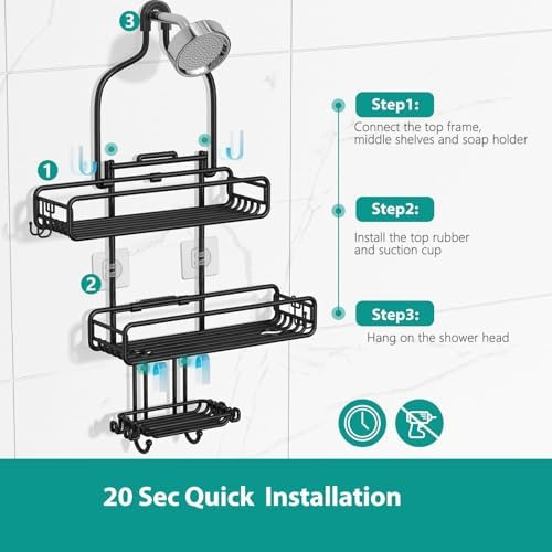 Adjustable Shower Caddy with 3-Tier Baskets and 4 Hooks - Black