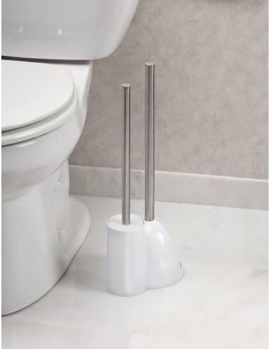 iDesign Plastic Toilet Bowl Plunger Set Slim Compact White and Brushed Stainless Steel