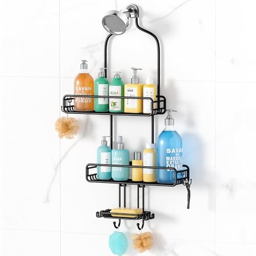 Adjustable Shower Caddy with 3-Tier Baskets and 4 Hooks - Black
