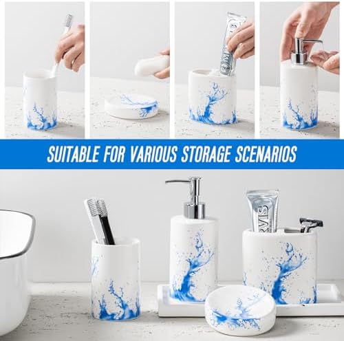Blue Watercolor Bathroom Accessory Set of 4