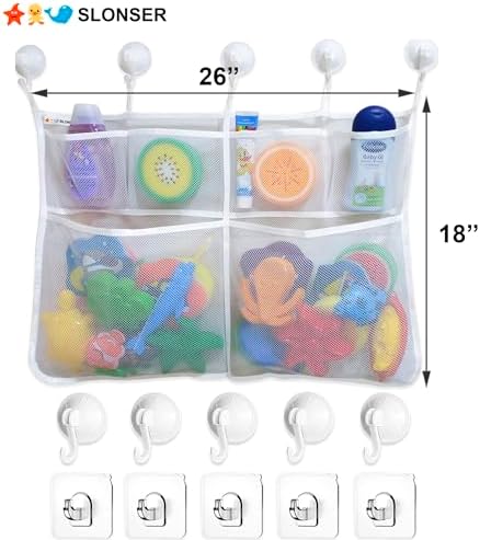 Extra Large Bath Toy Holder with 5 Suction Cups and Hooks