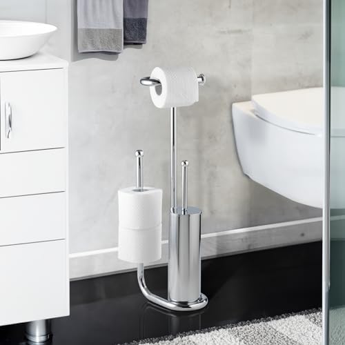 WENKO Free Standing Toilet Brush with Chrome Holder and Spare Roll Space