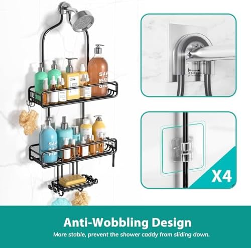 Adjustable Shower Caddy with 3-Tier Baskets and 4 Hooks - Black