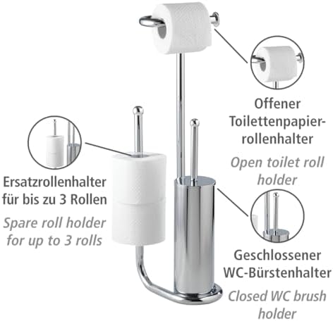 WENKO Free Standing Toilet Brush with Chrome Holder and Spare Roll Space