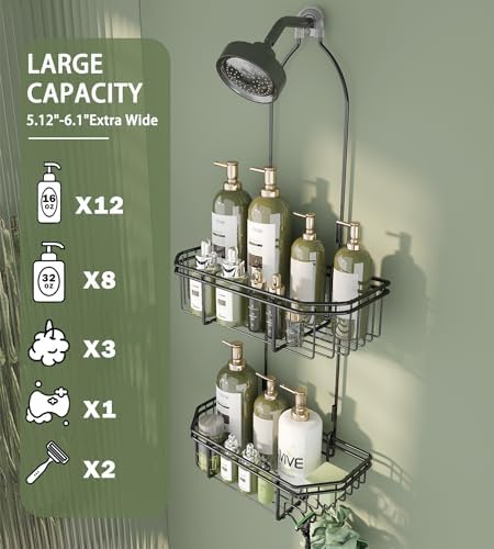 WXCGX Adjustable Hanging Shower Caddy with Hooks - Black