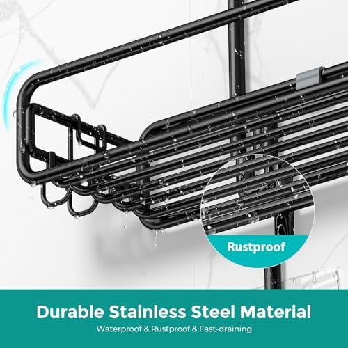Adjustable Shower Caddy with 3-Tier Baskets and 4 Hooks - Black