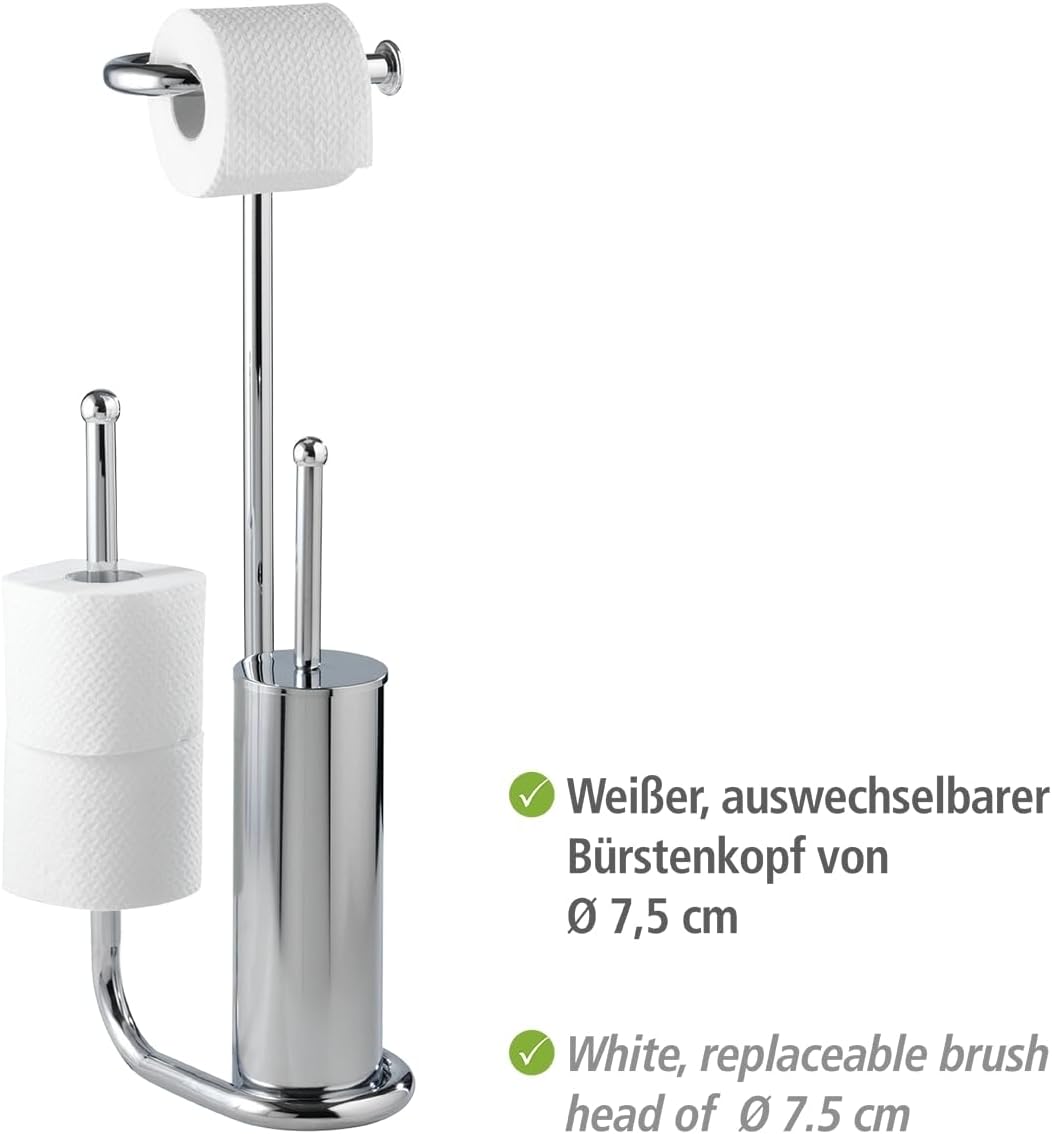 WENKO Free Standing Toilet Brush with Chrome Holder and Spare Roll Space