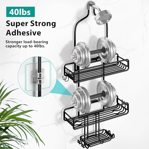 Adjustable Shower Caddy with 3-Tier Baskets and 4 Hooks - Black