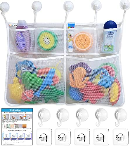 Extra Large Bath Toy Holder with 5 Suction Cups and Hooks