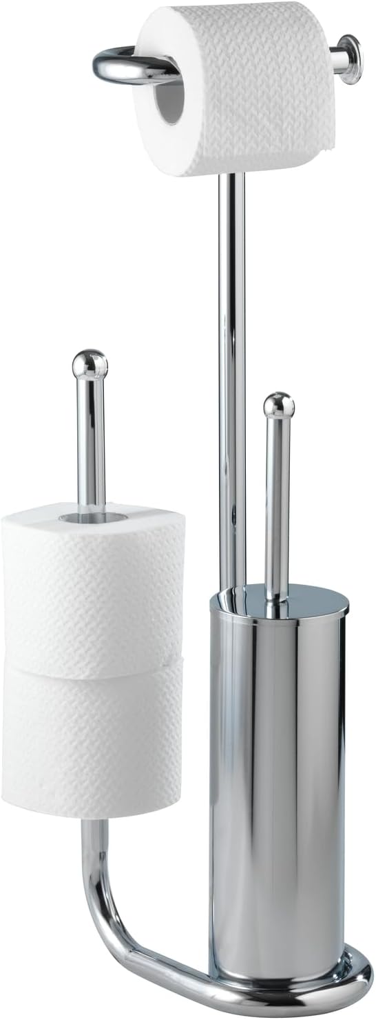 WENKO Free Standing Toilet Brush with Chrome Holder and Spare Roll Space