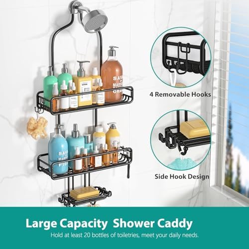 Adjustable Shower Caddy with 3-Tier Baskets and 4 Hooks - Black