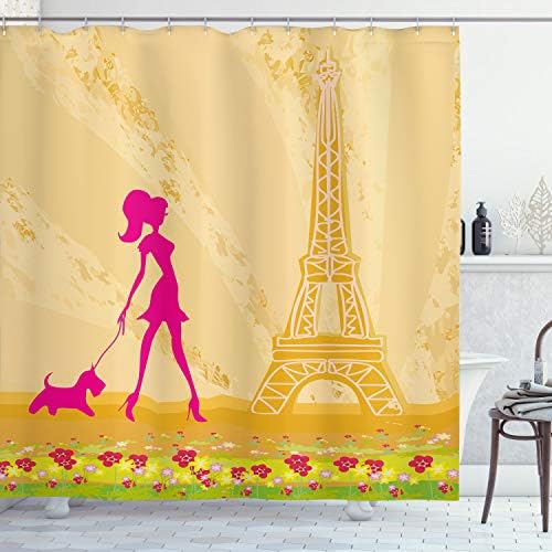 Ambesonne Shower Curtain with Dog and Eiffel Tower Design Apricot Hot Pink 69x70