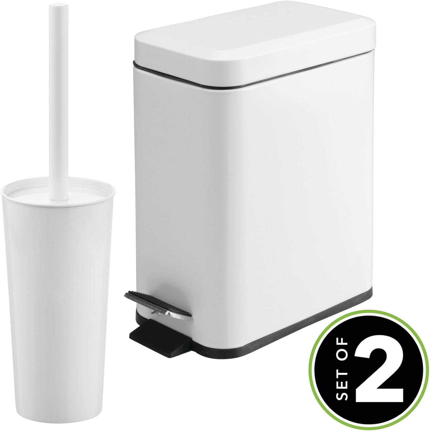 mDesign Toilet Brush and Trash Can Set - White