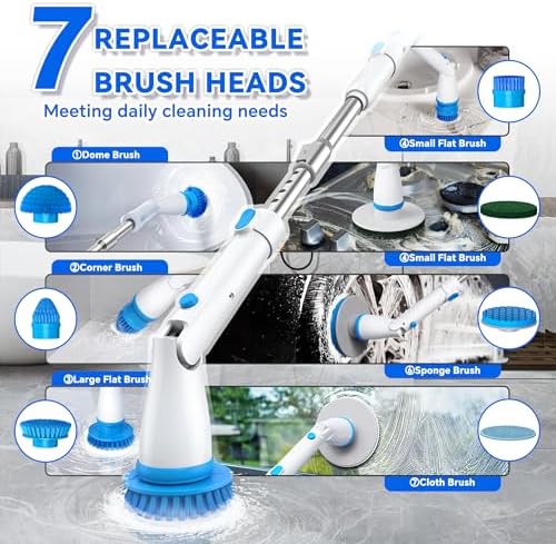 SIMWAL Electric Spin Scrubber with 7 Brush Heads and Extension Handle
