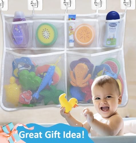 Extra Large Bath Toy Holder with 5 Suction Cups and Hooks