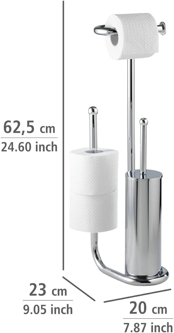 WENKO Free Standing Toilet Brush with Chrome Holder and Spare Roll Space