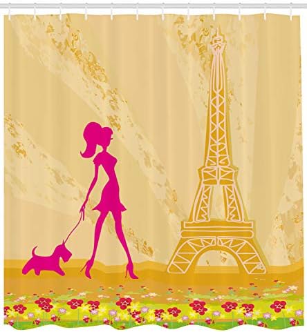Ambesonne Shower Curtain with Dog and Eiffel Tower Design Apricot Hot Pink 69x70