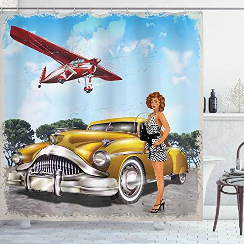Ambesonne Retro Grungy Biplane Girl Shower Curtain Set