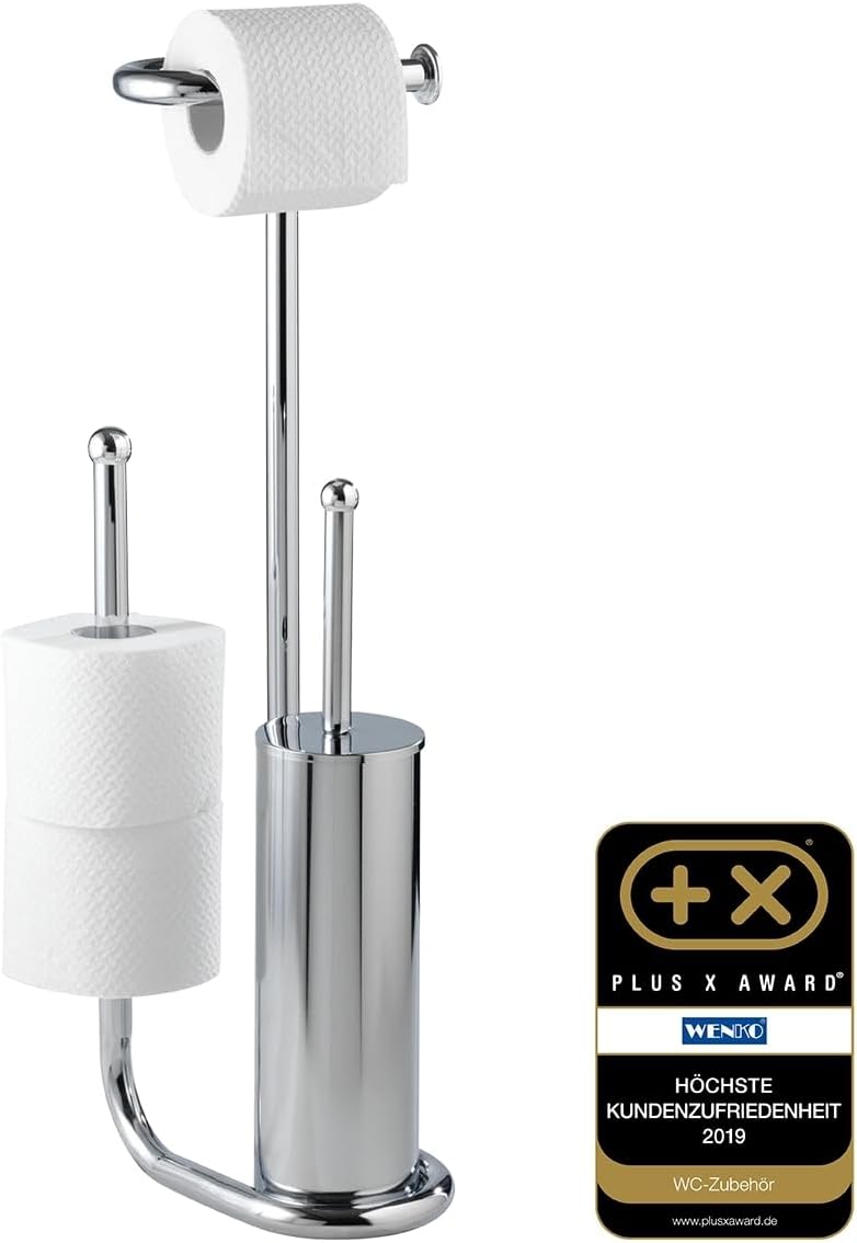 WENKO Free Standing Toilet Brush with Chrome Holder and Spare Roll Space