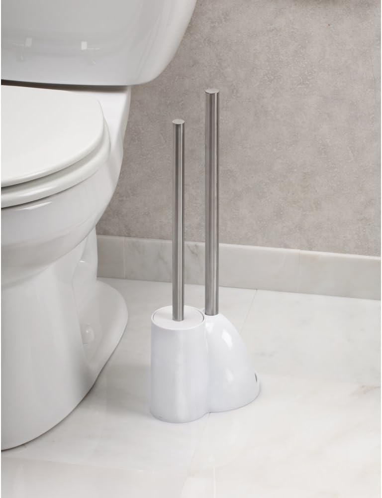 iDesign Plastic Toilet Bowl Plunger Set Slim Compact White and Brushed Stainless Steel