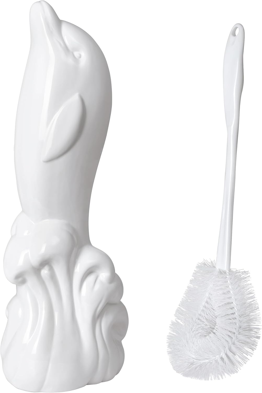 Dolphin Ceramic Toilet Brush Holder with Plastic Brush Set - White