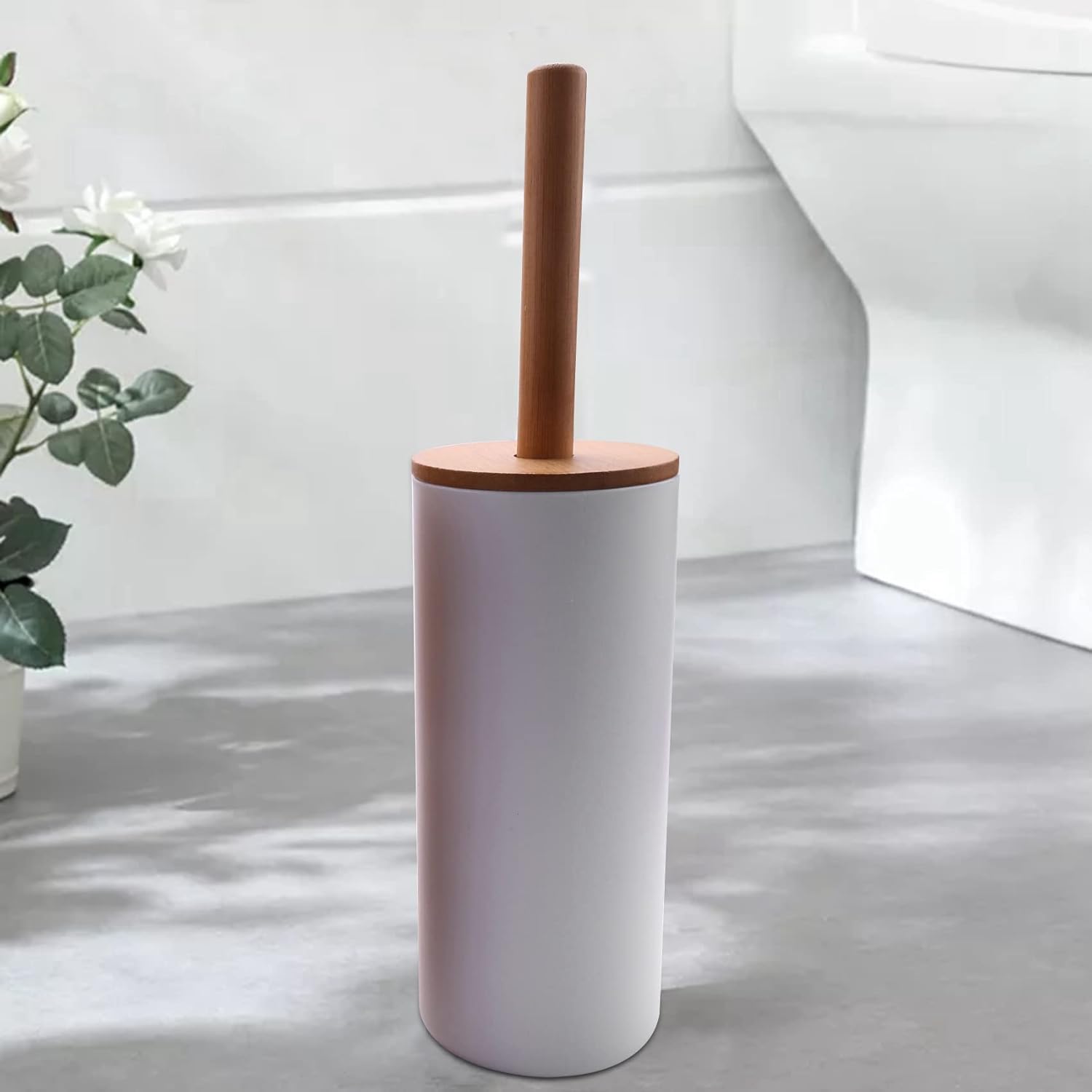 Bamboo Toilet Brush Set with Base Holder White