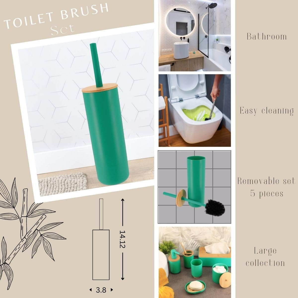 Green Toilet Brush with Bamboo Holder - Eco-Friendly Bathroom Accessory