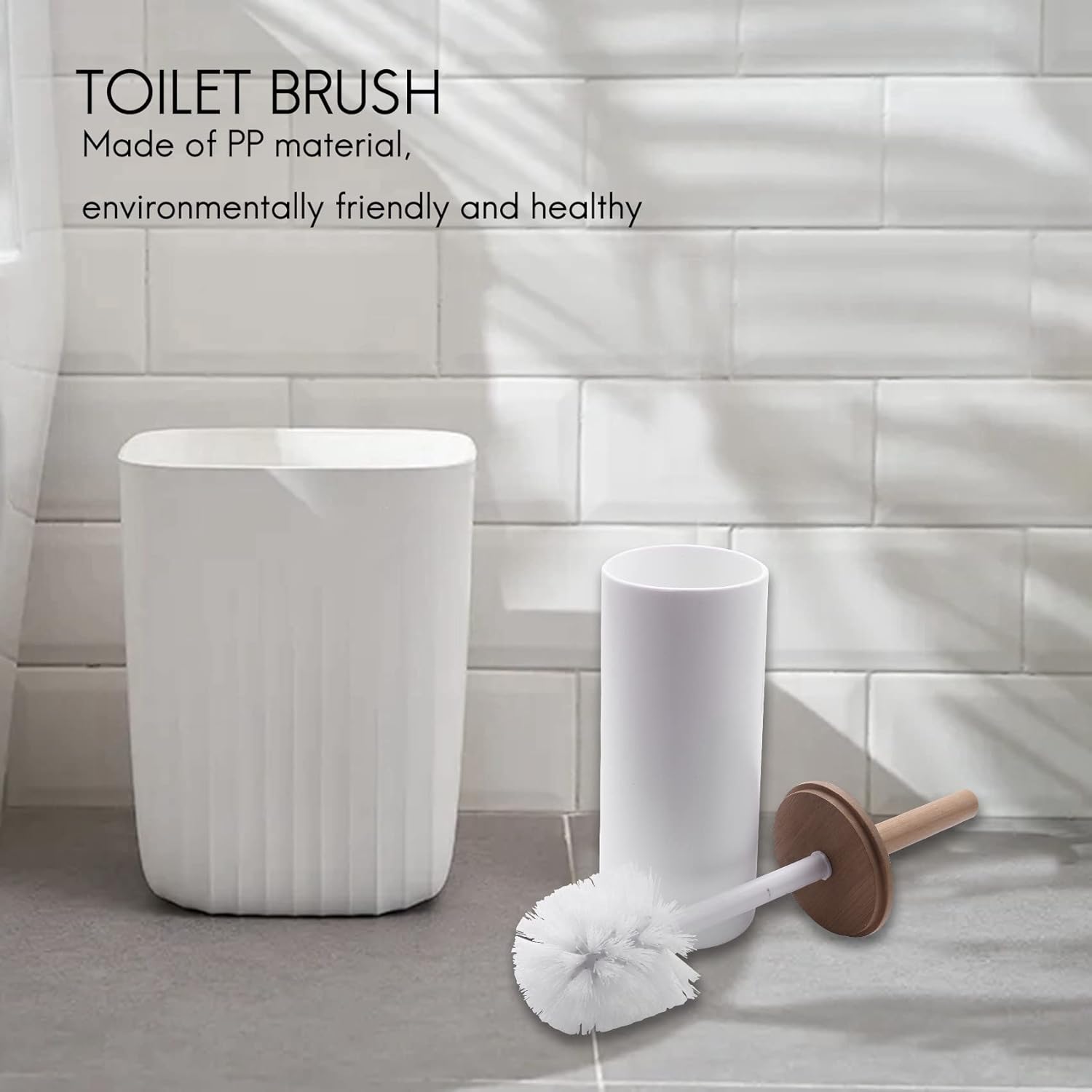 Bamboo Toilet Brush Set with Base Holder White