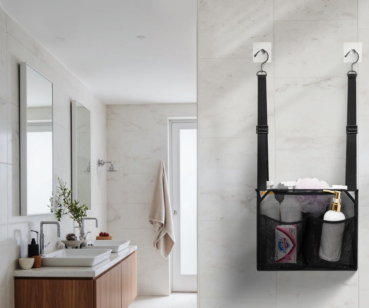 ALYER Mesh Shower Caddy with Adjustable Straps and 4 Pockets Black