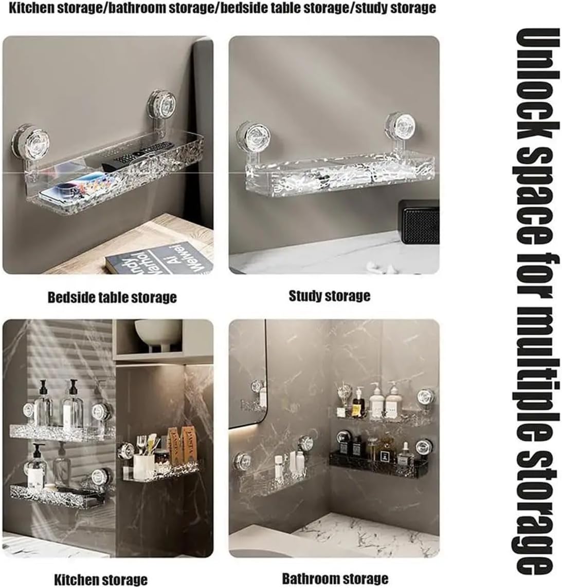 VSERM Clear Suction Cup Storage Shelf No Drill Bathroom Caddy 1pc Rectangle