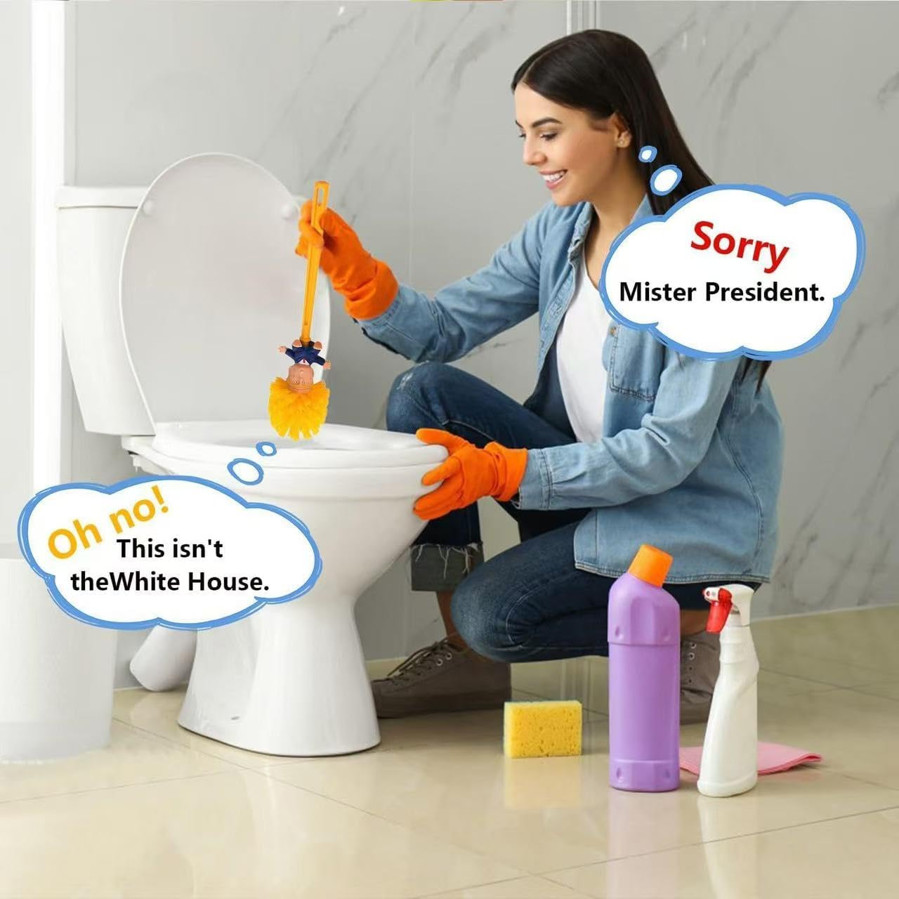 Trump Toilet Brush Set with Holder - Funny Novelty Cleaning Tool