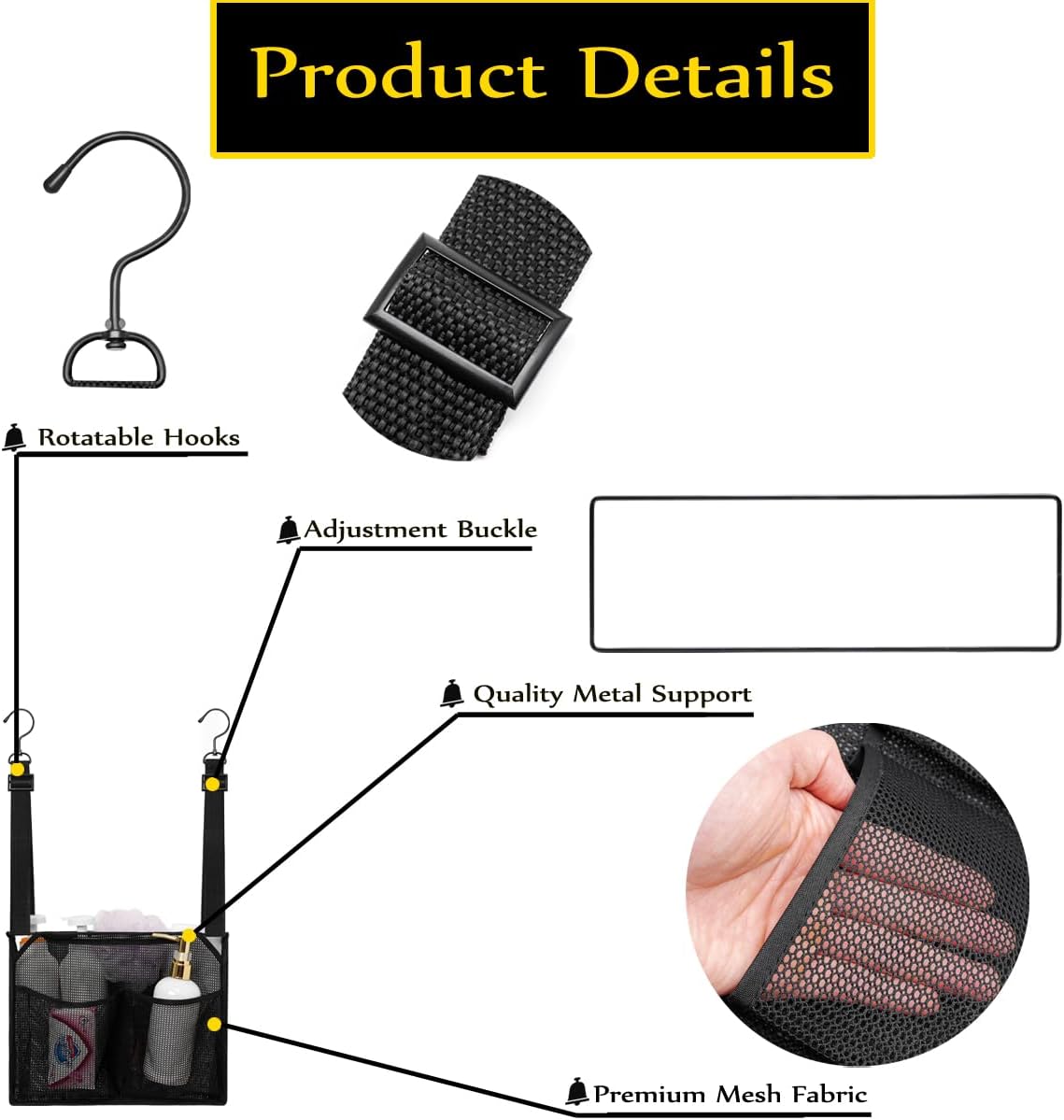ALYER Mesh Shower Caddy with Adjustable Straps and 4 Pockets Black