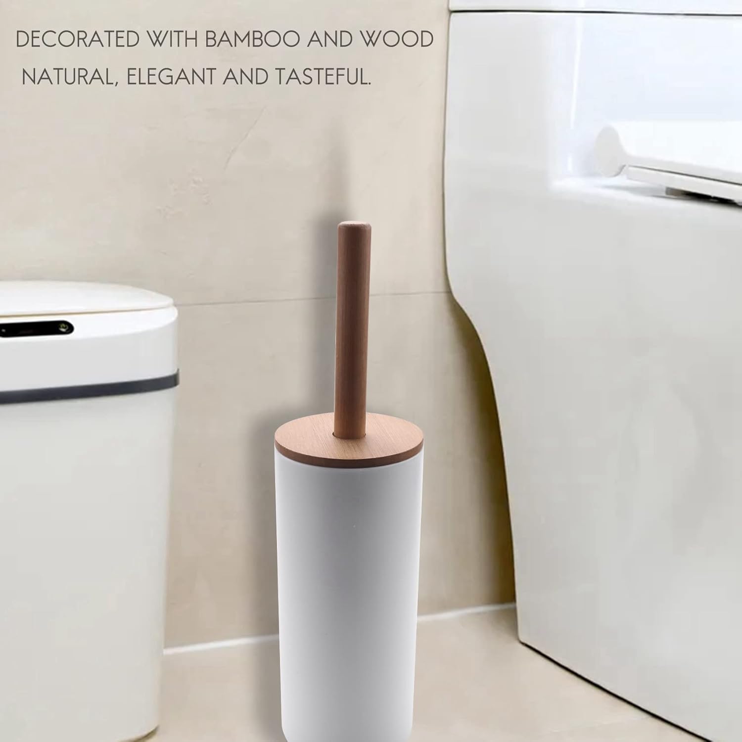 Bamboo Toilet Brush Set with Base Holder White