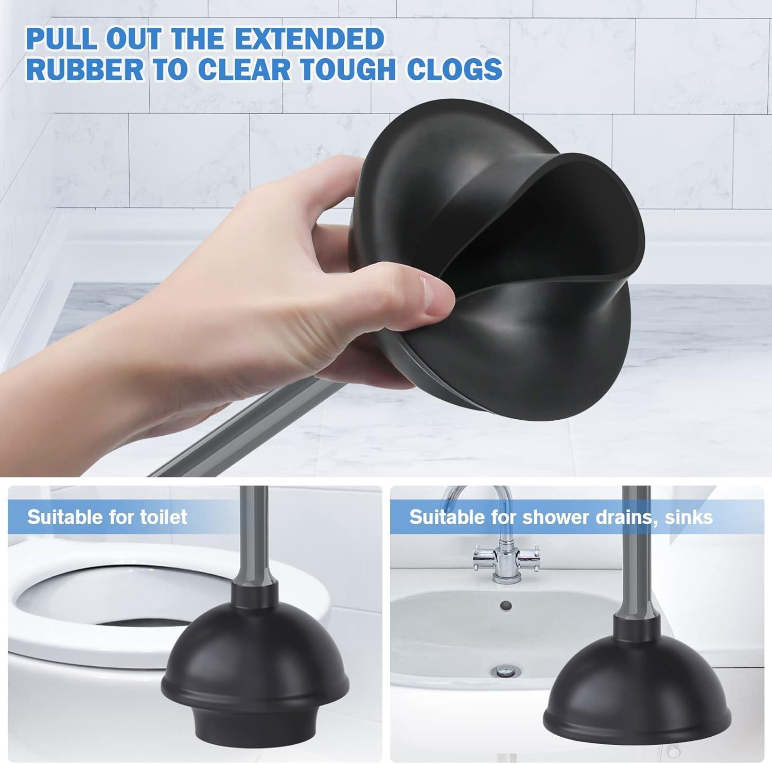 Heavy Duty Toilet Brush and Plunger Set - Black