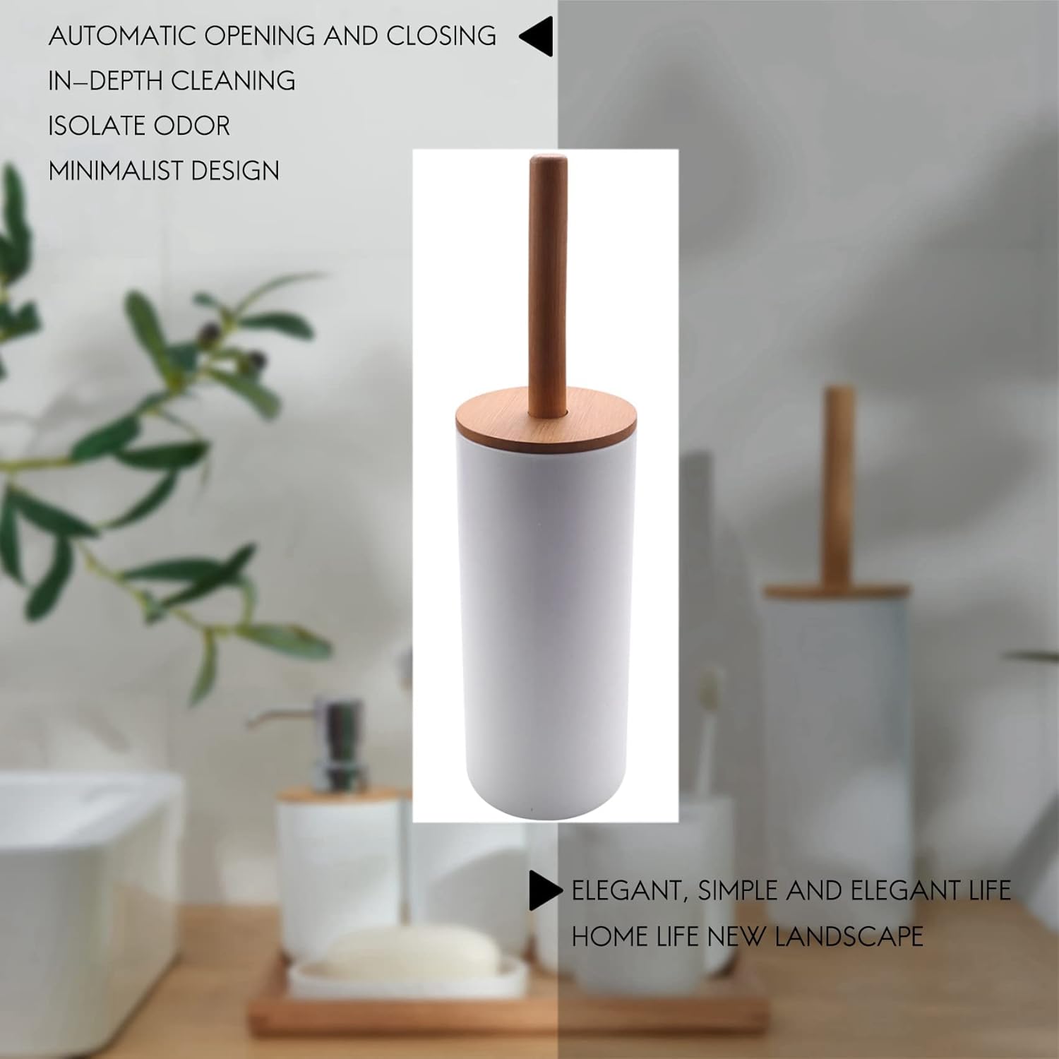 Bamboo Toilet Brush Set with Base Holder White
