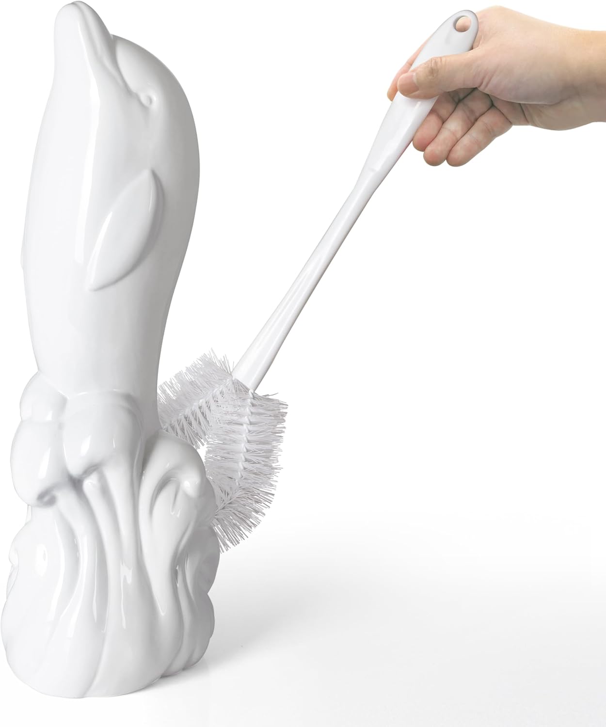 Dolphin Ceramic Toilet Brush Holder with Plastic Brush Set - White