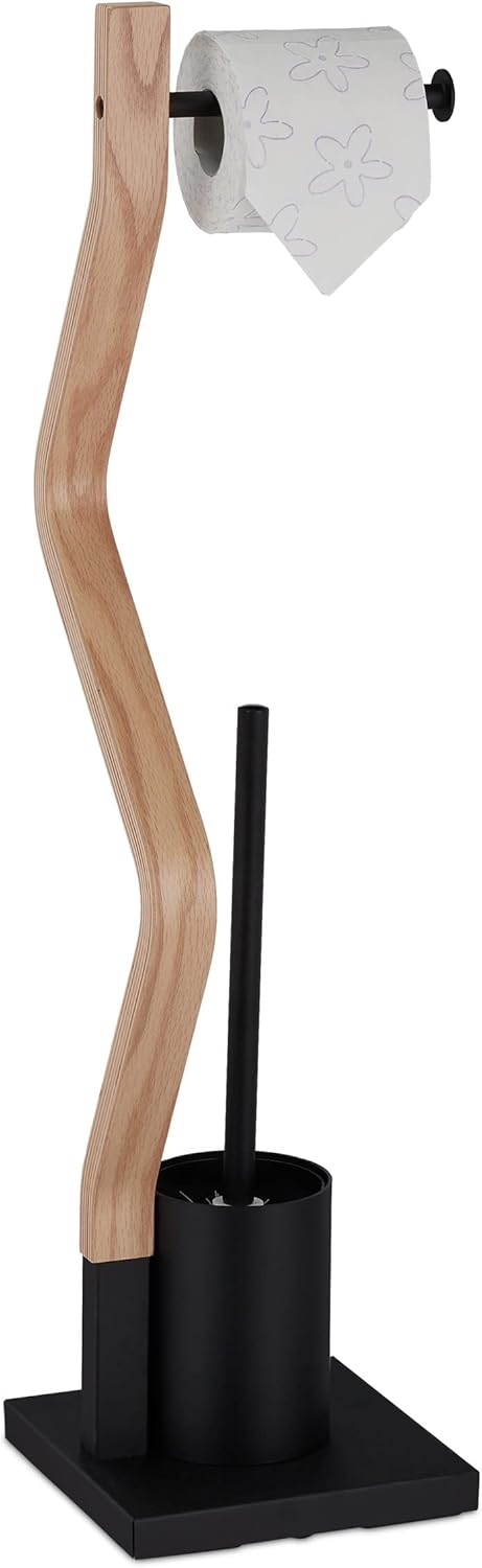 Relaxdays WC Accessories Set - 2 in 1 Toilet Paper Holder Brush BlackNatural
