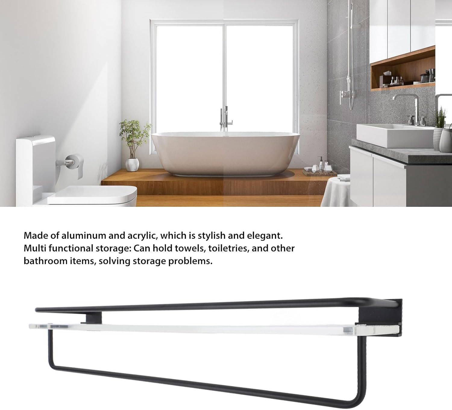 50Cm Wall Mount Shower Caddy with Towel Hanger and Acrylic Base