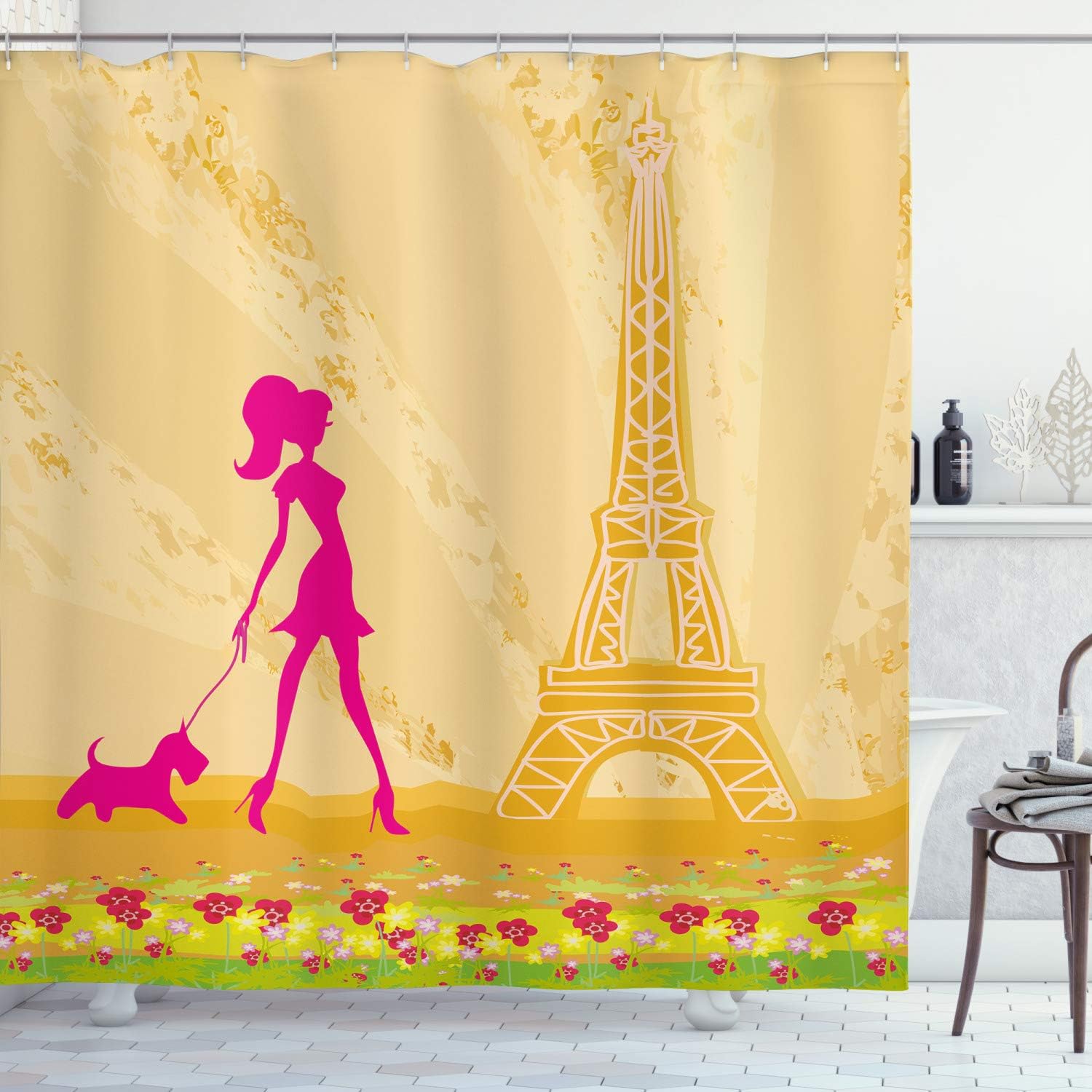 Ambesonne Shower Curtain with Dog and Eiffel Tower Design Apricot Hot Pink 69x70