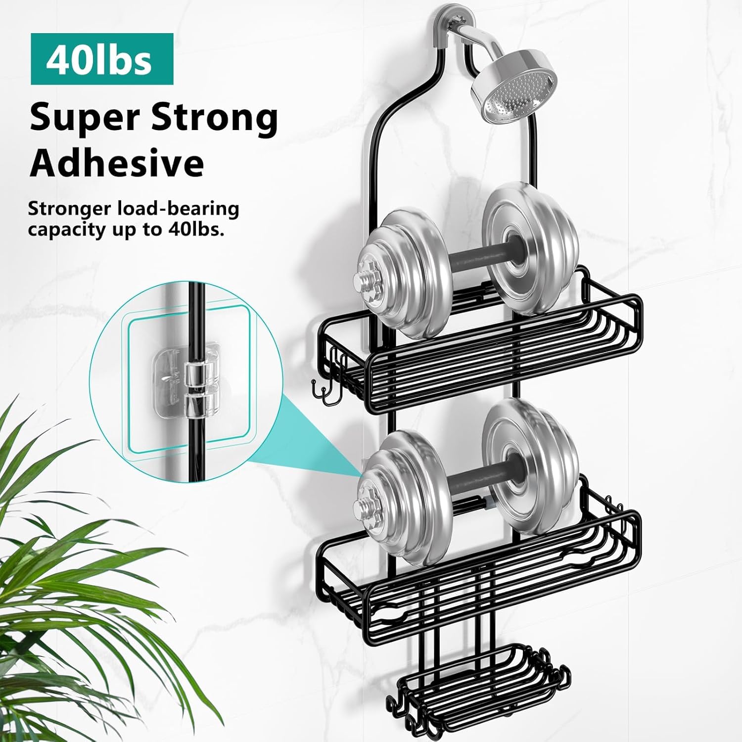 Adjustable Shower Caddy with 3-Tier Baskets and 4 Hooks - Black