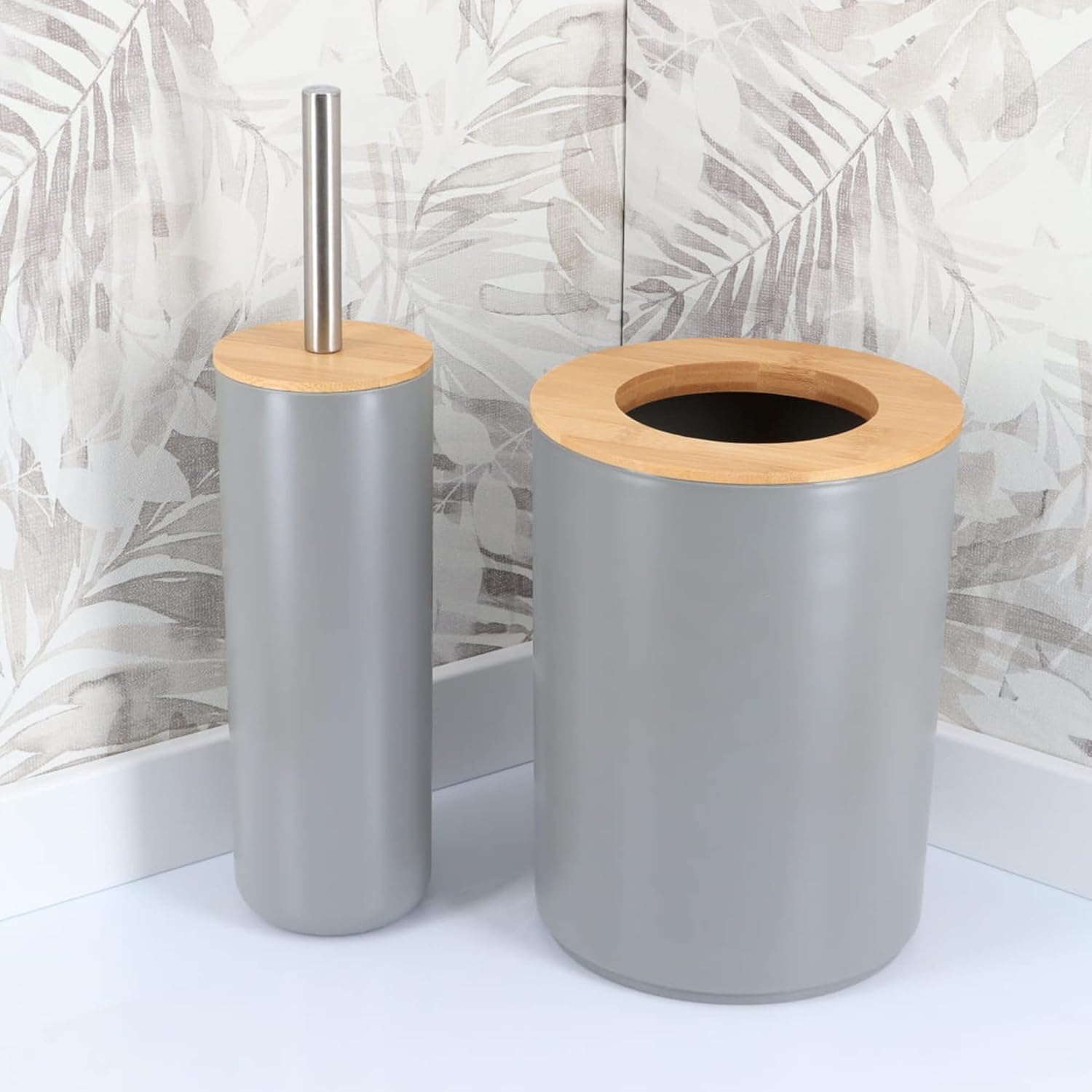 TENDANCE Gray Bamboo Toilet Brush Holder Set