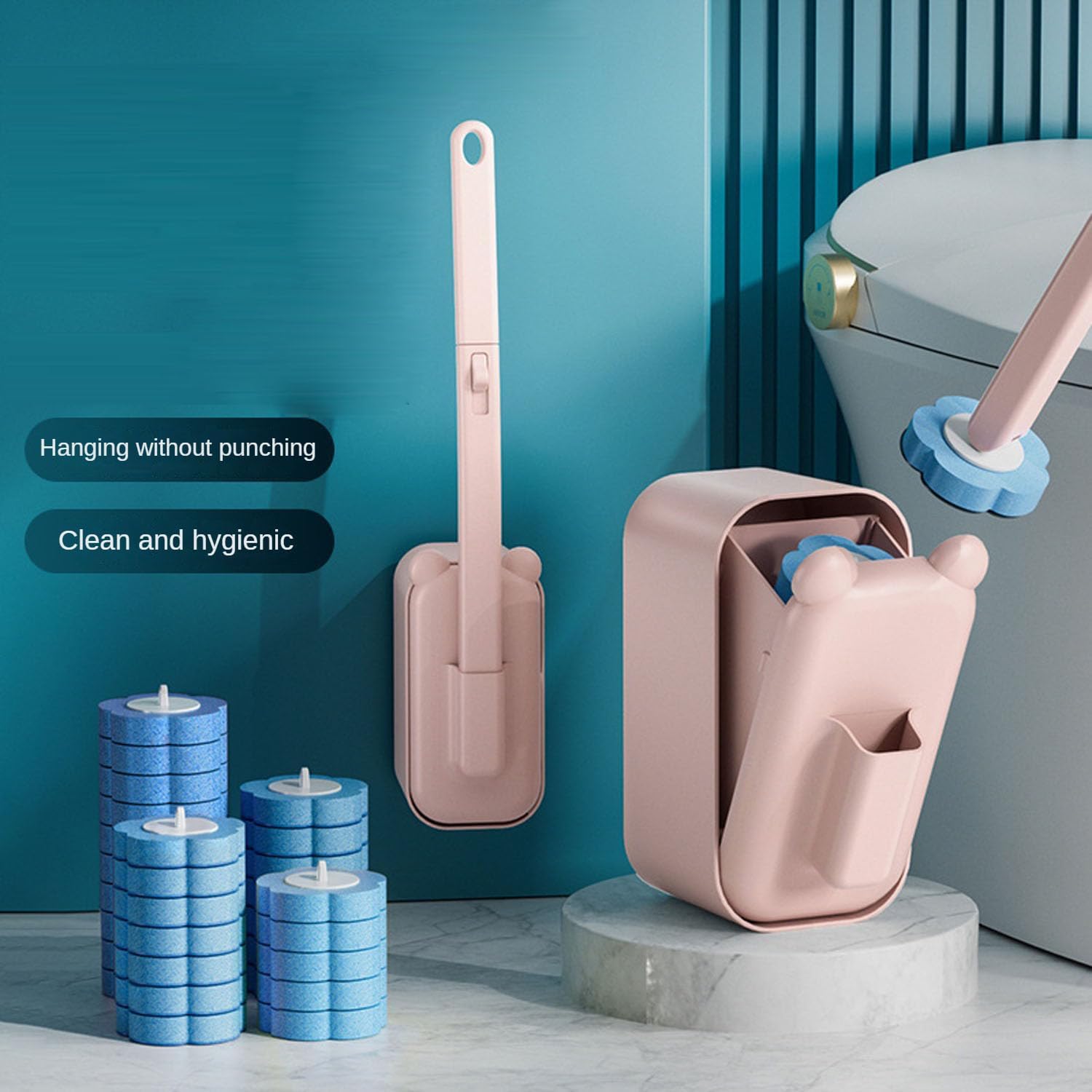 Disposable Toilet Brush Holder Set with Refills Pink