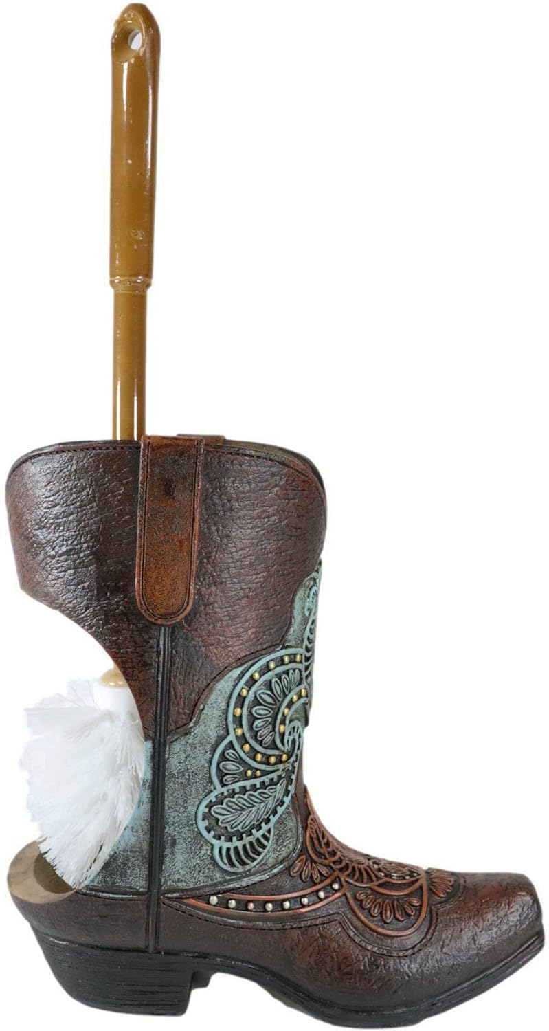 Ebros Gift Rustic Cowboy Boot Toilet Brush Set 2 Piece