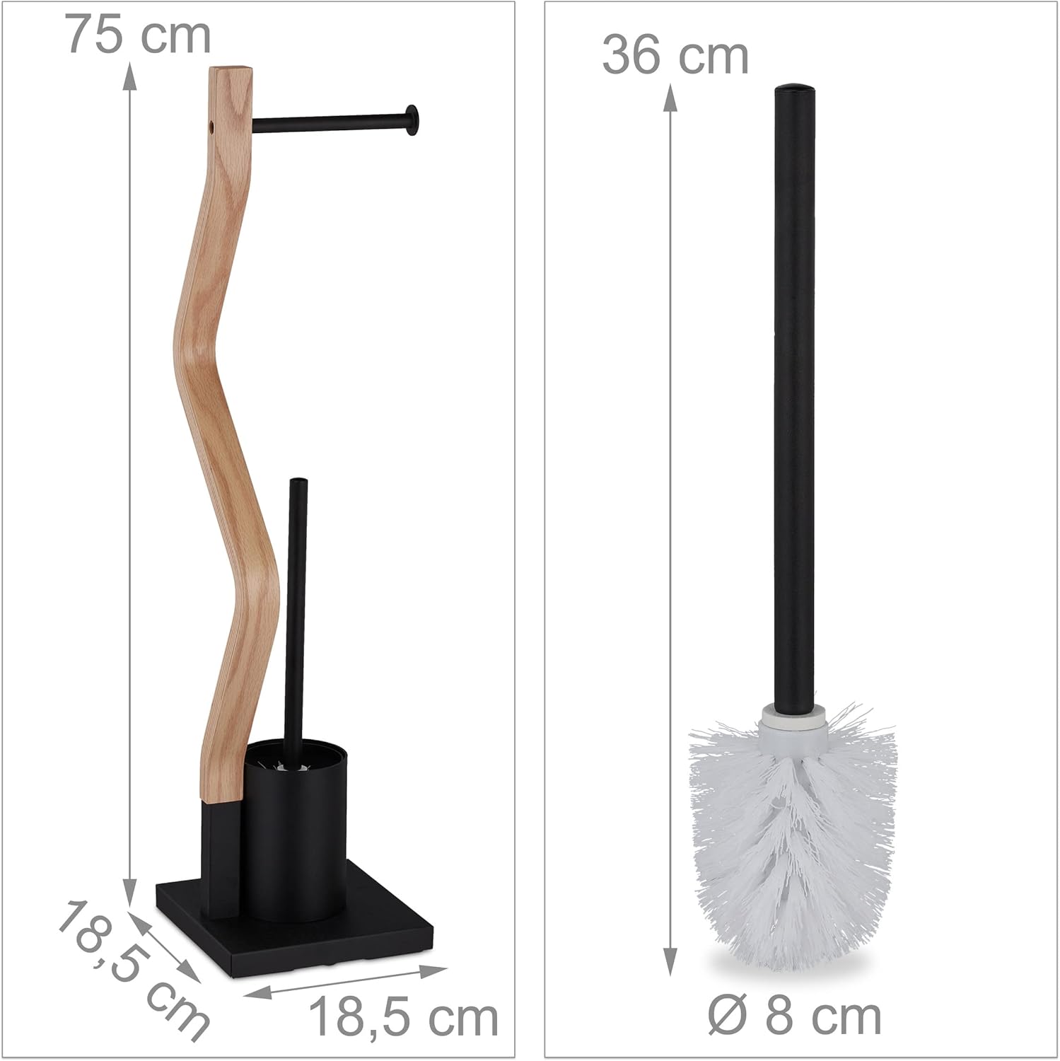 Relaxdays WC Accessories Set - 2 in 1 Toilet Paper Holder Brush BlackNatural