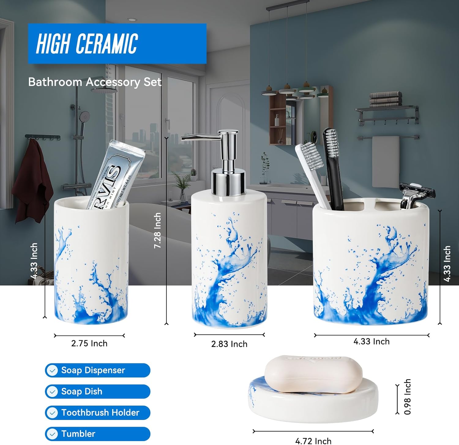 Blue Watercolor Bathroom Accessory Set of 4